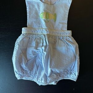 Little English Baby Blue Seersucker Romper with Embroidered Rocking Horse